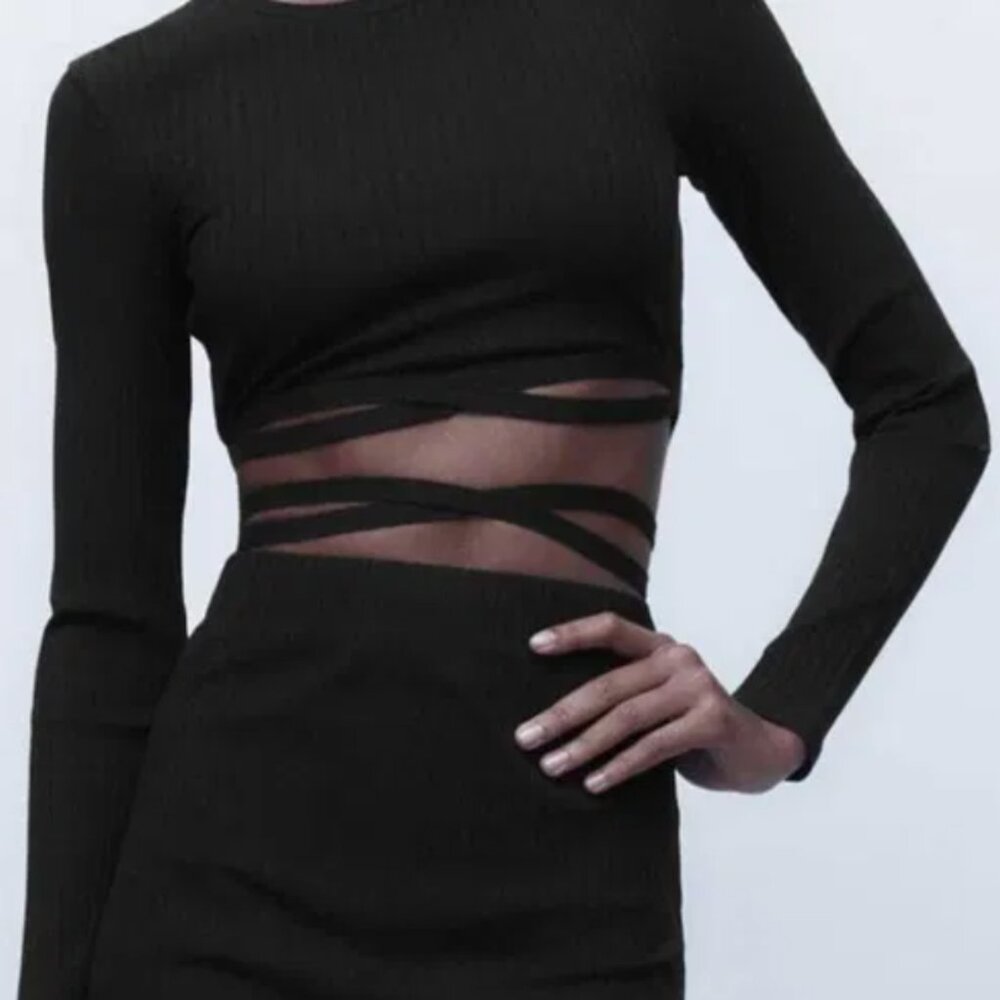 ZARA Ribbed Criss-cross Waist Tie Crop Top,  Black S NWT